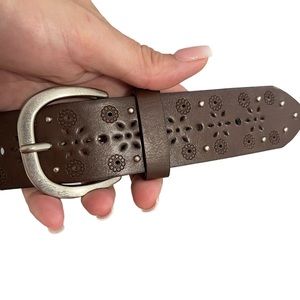 Cowhide Synthetic Leather/Floral Perforated Studded Silver Tone Brown Belt XL